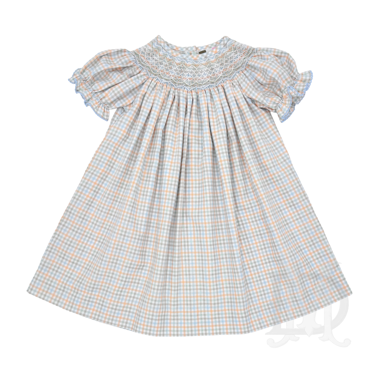 A girl's short sleeve smocked dress for fall with geometric smocking in a gingham check pattern in light blue, brown, sage green, and soft orange.