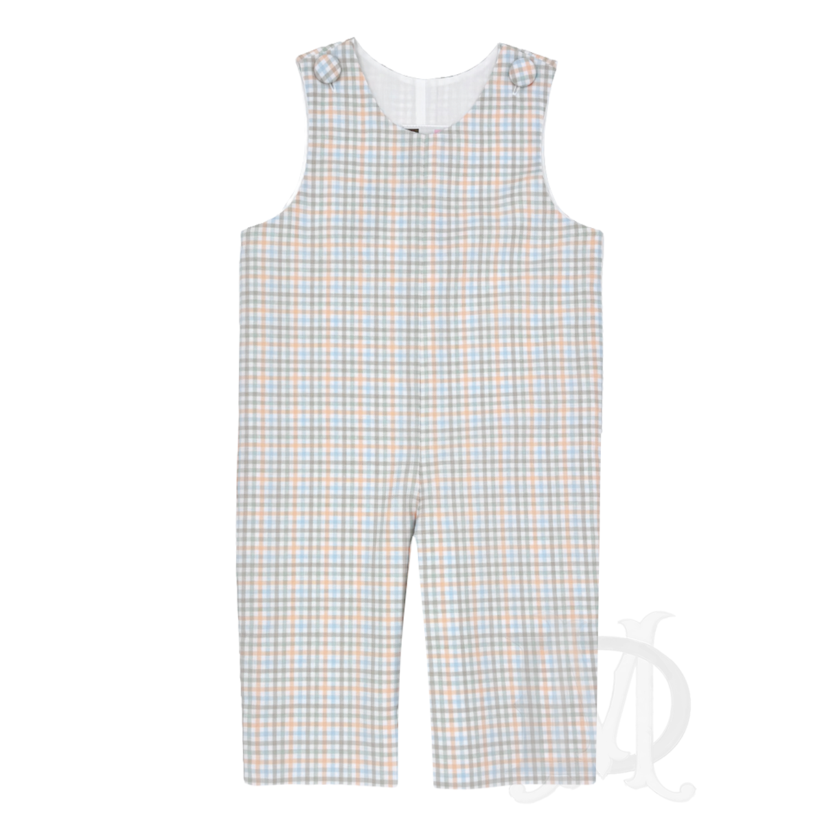 A boy's long jon-jon for fall with a gingham check pattern in light blue, brown, sage green, and soft orange with covered buttons.