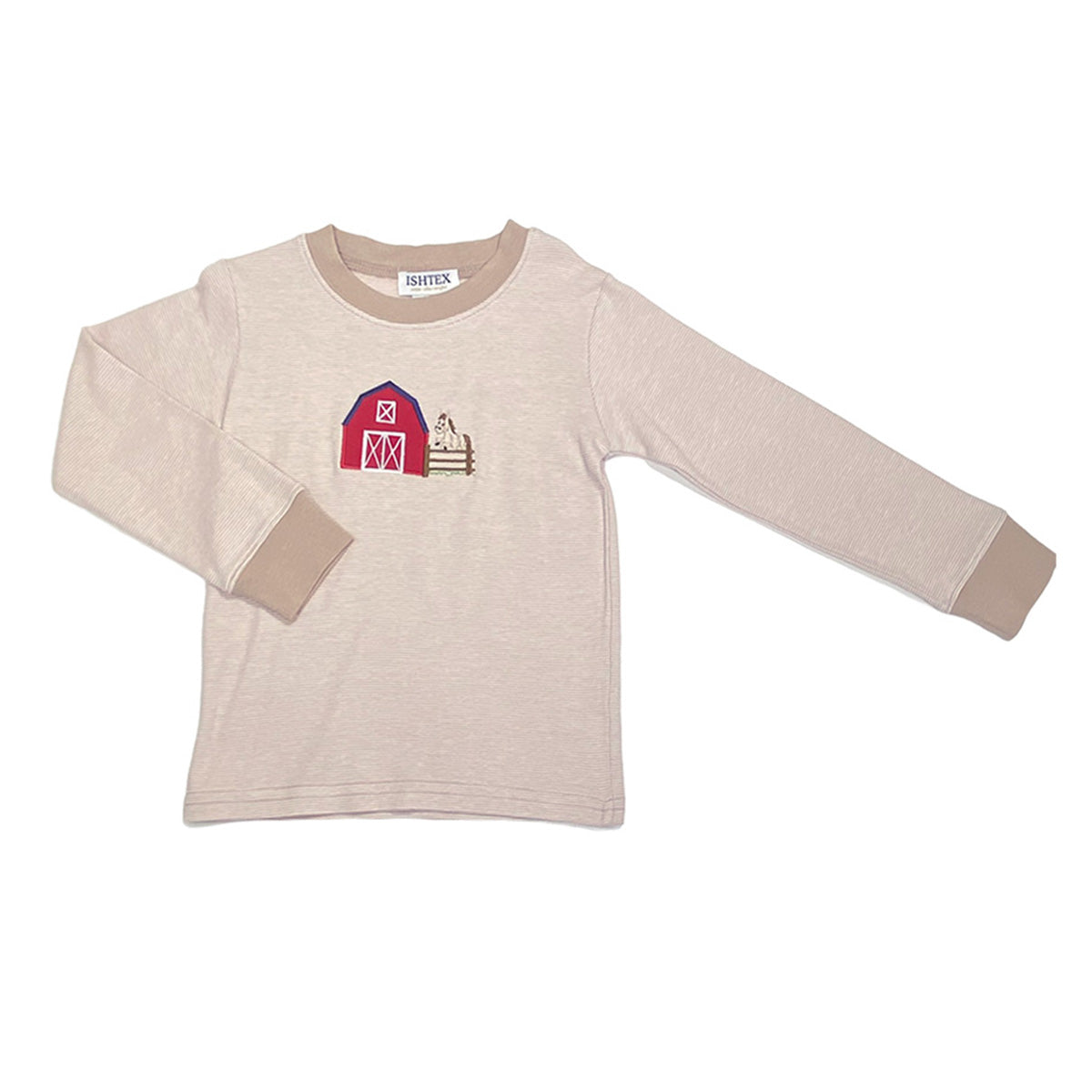 A long-sleeve boys t-shirt in a light beige thin stripe fabric, featuring a red barn applique and a horse.