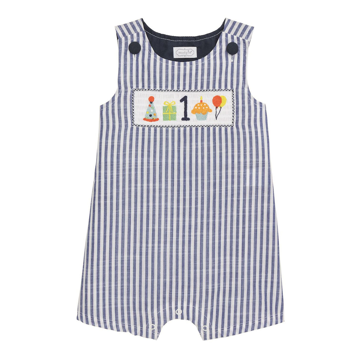 Baby boy blue and white striped romper with smocked first birthday design.