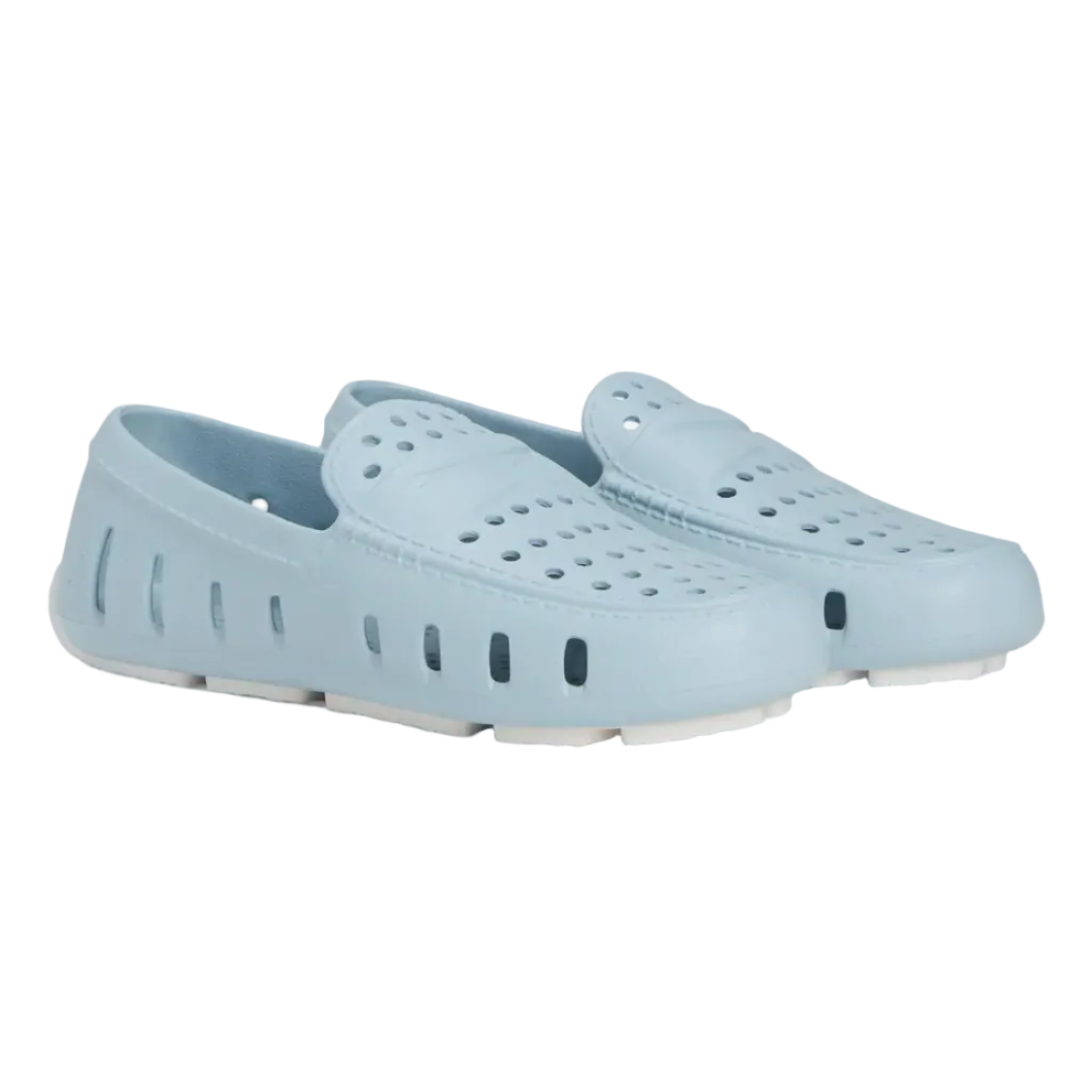A pair of powder blue toddler Floafers shoes with bright white soles. 