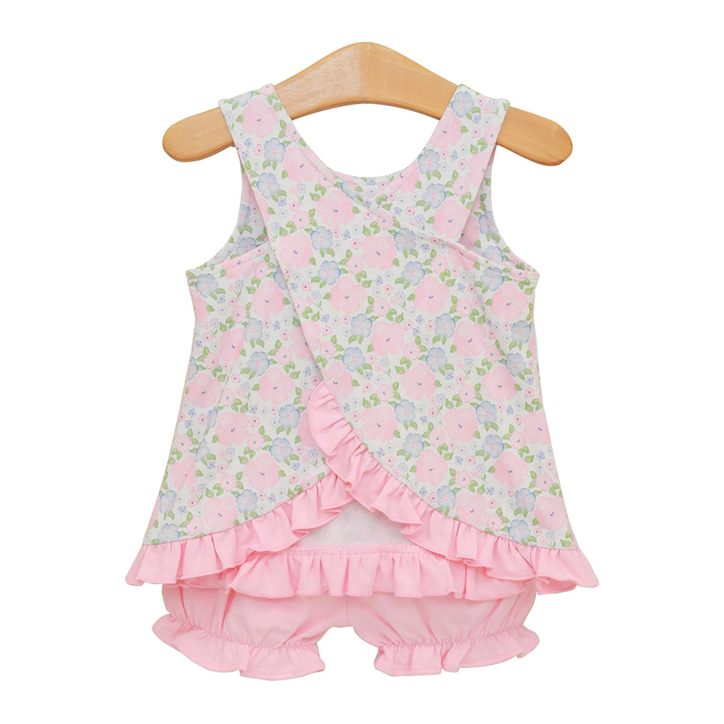 Baby girl floral knit swing top back with pink ruffles and pink bloomers.