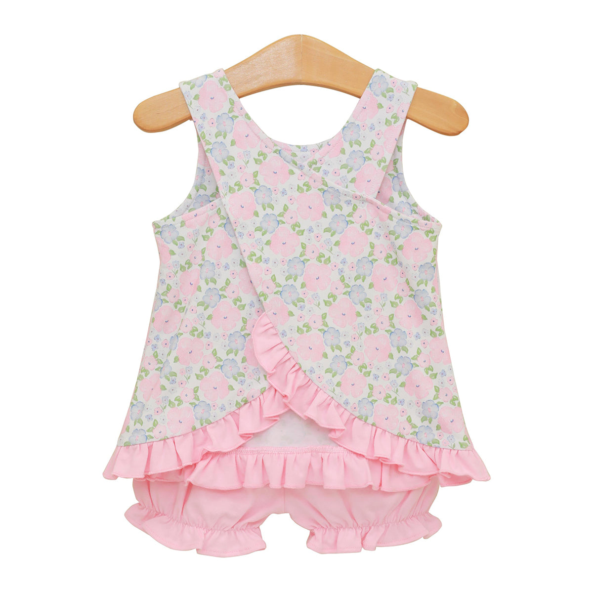 Baby girl floral knit swing top back with pink ruffles and pink bloomers.
