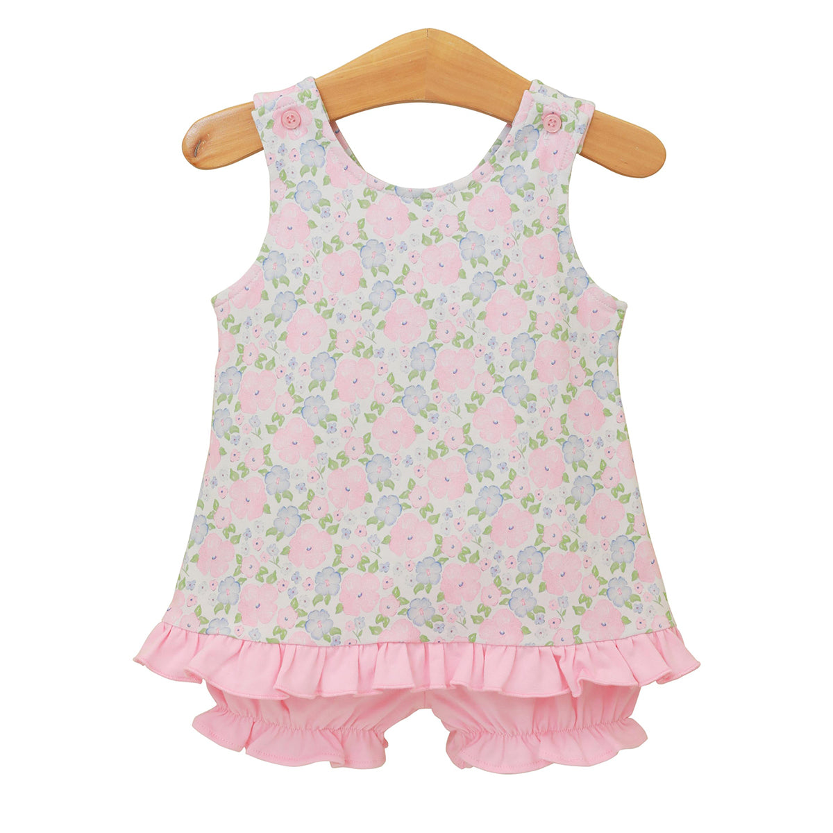 Baby girl floral knit swing top with pink ruffle bloomers