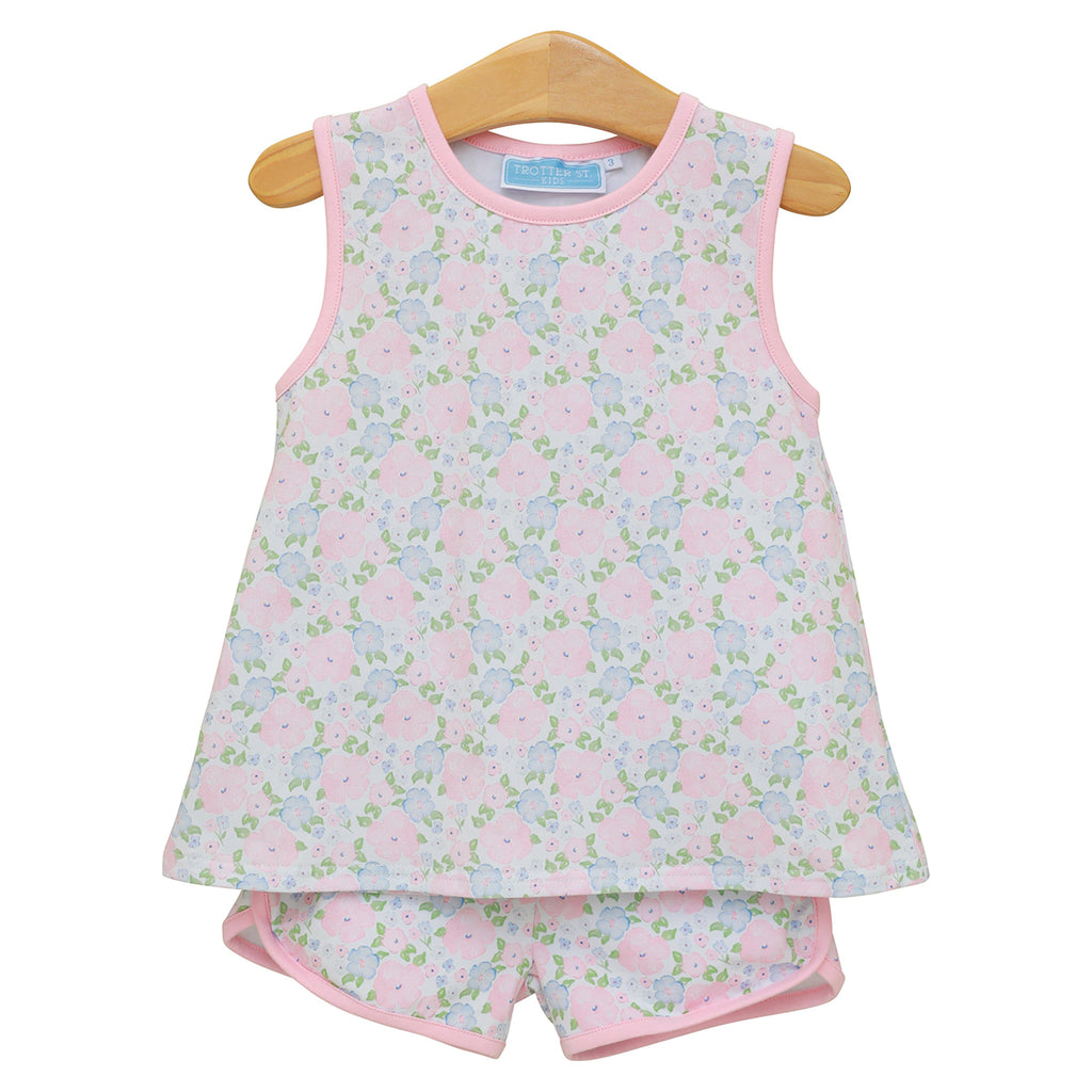 Girls floral knit sleeveless top and shorts set with pink trim