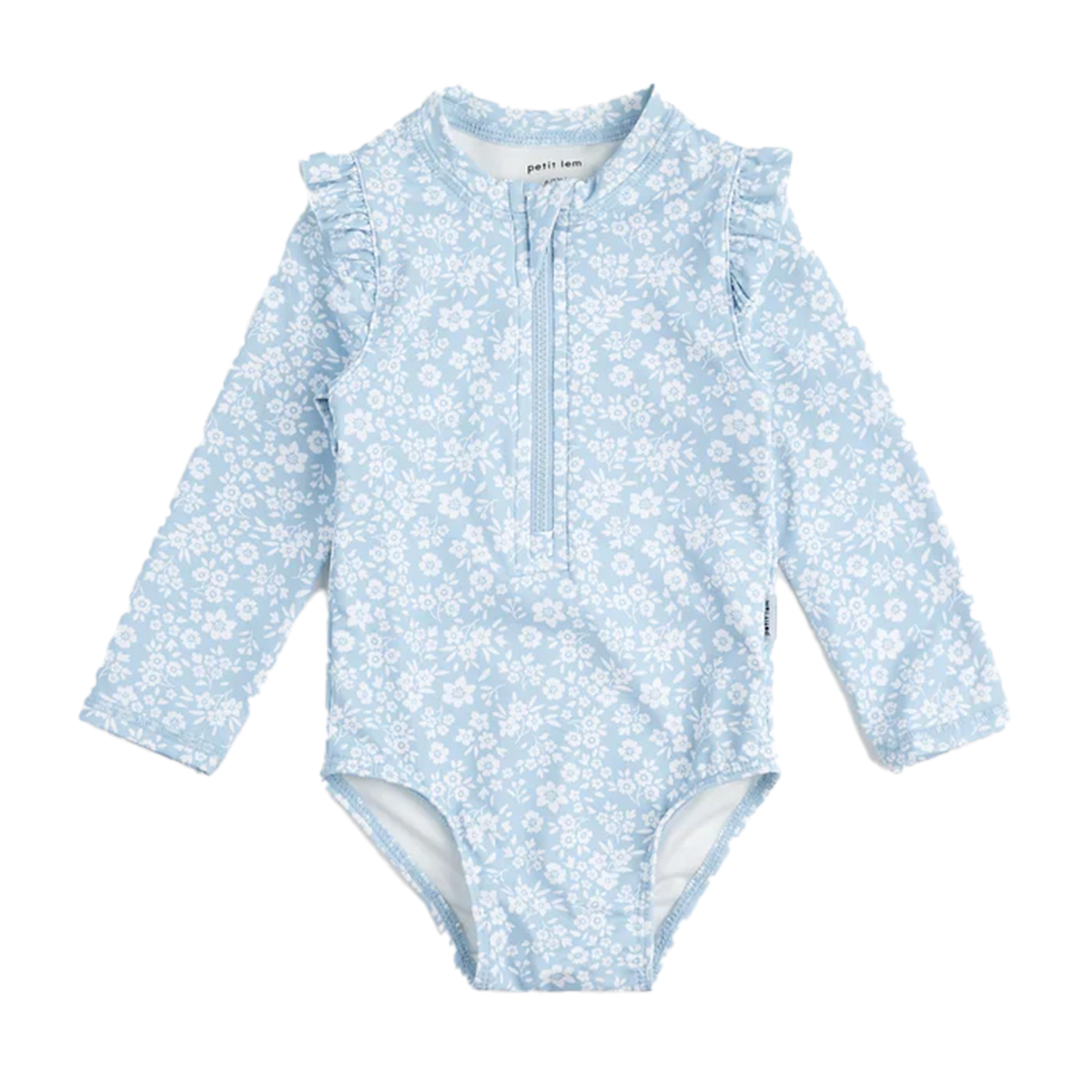 Sky Blue Floral Print Girl's One-Piece Long Sleeve Swmsuit