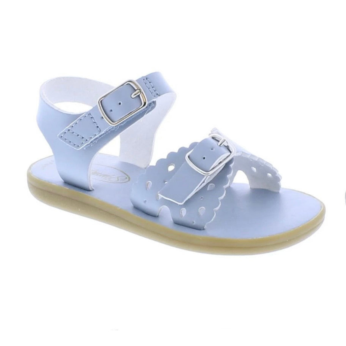 Light blue Footmates sandal with a scalloped edge, teardrop perforations, and velcro closure. 