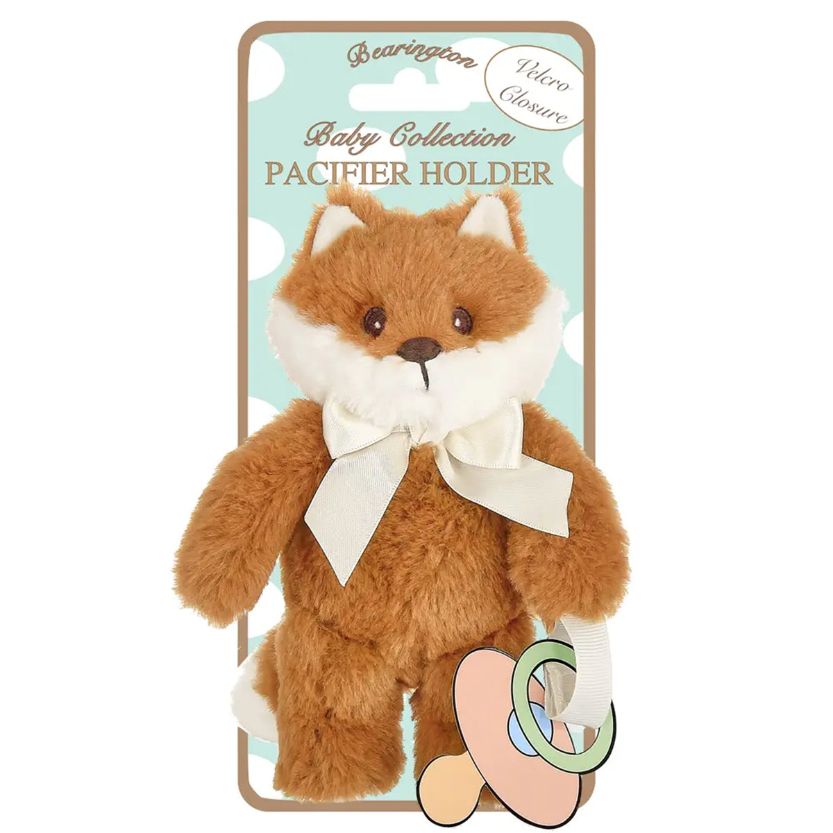 Brown plush fox pacifier holder with a white bow