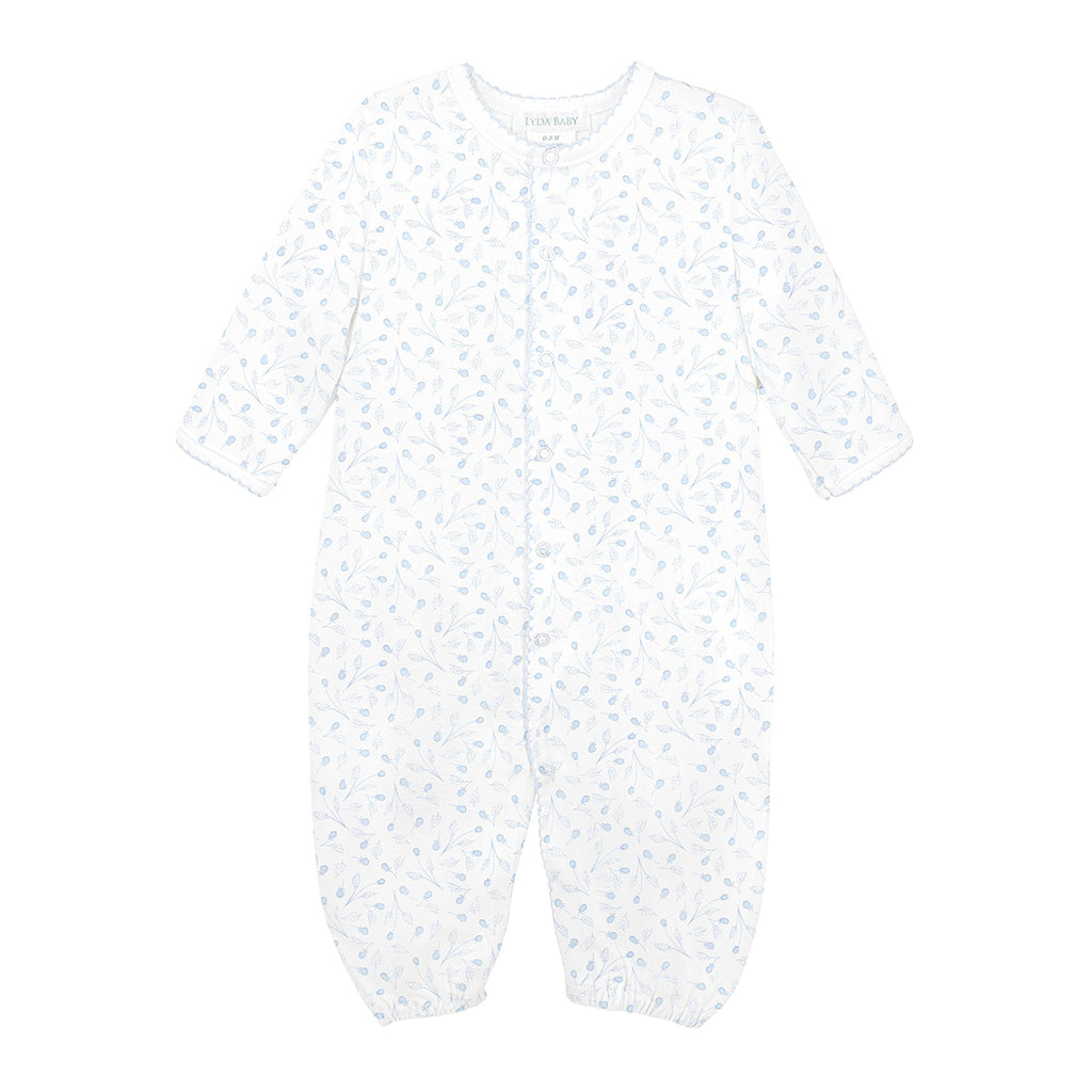 Baby girl Pima cotton converter gown with soft blue Fruity Balloons print featuring tiny balloon-shaped blooms with leafed stems.