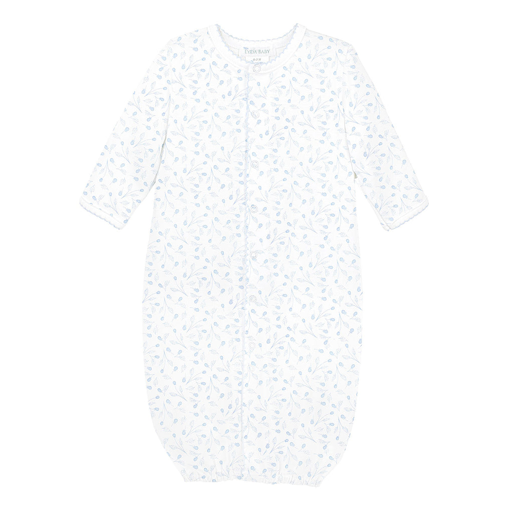 Baby girl Pima cotton converter gown with soft blue Fruity Balloons print featuring tiny balloon-shaped blooms with leafed stems.