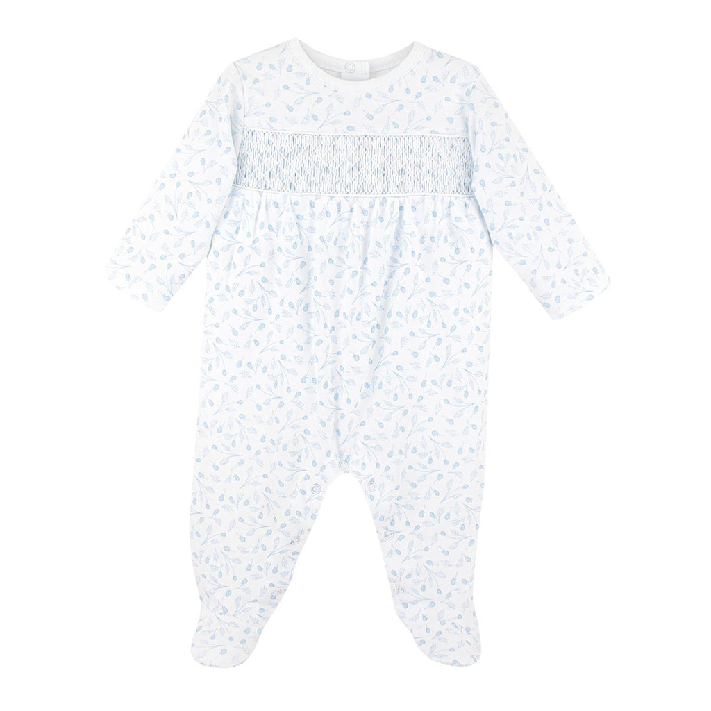 Baby girl Pima cotton long sleeve footed romper with soft blue Fruity Balloons print and geometric smocked panel across chest.