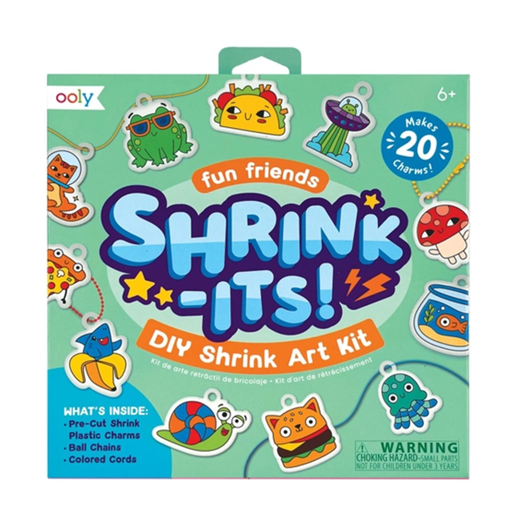 Shrink-Its DIY Shrink Art Kit packaging with colorful shrink art characters on a green background.