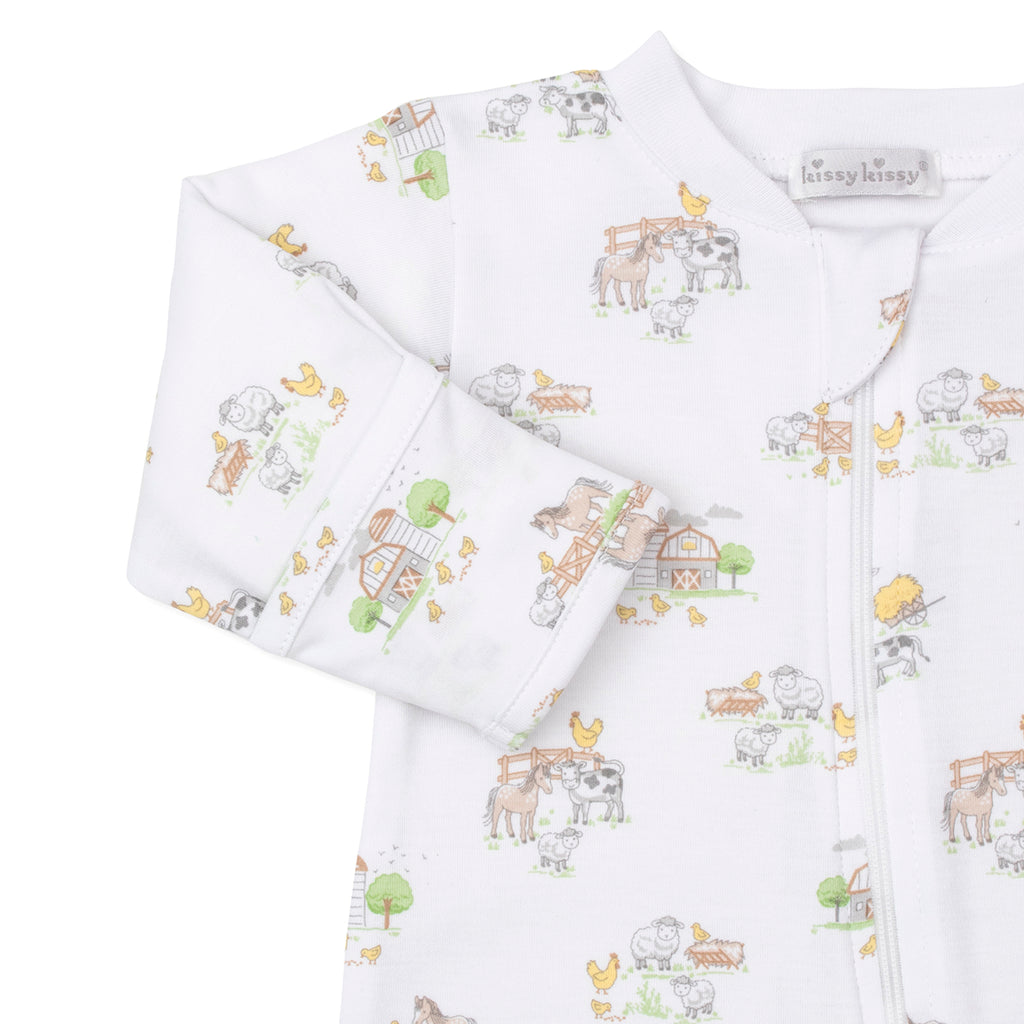 Baby boy's white converter gown with a farm print