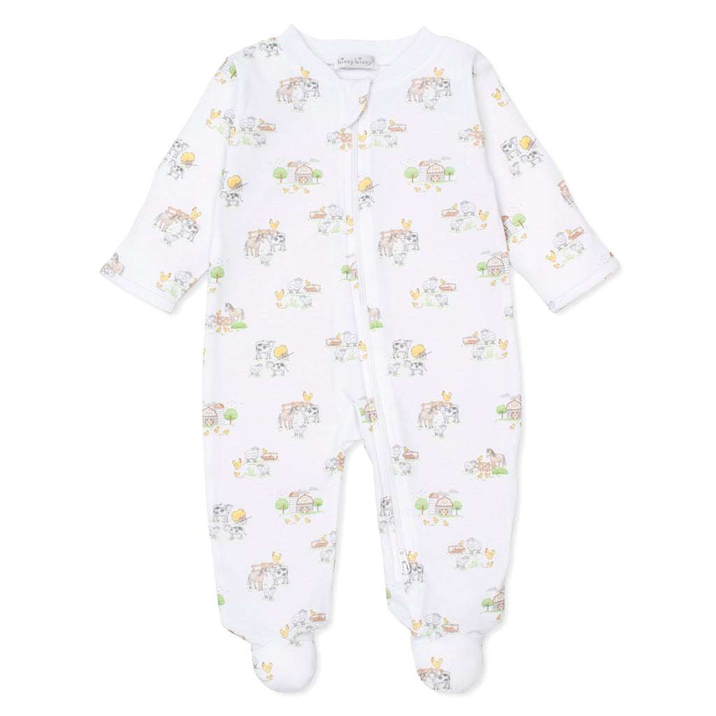 Baby boy footie sleeper with a farm animal print and zipper down the front. 