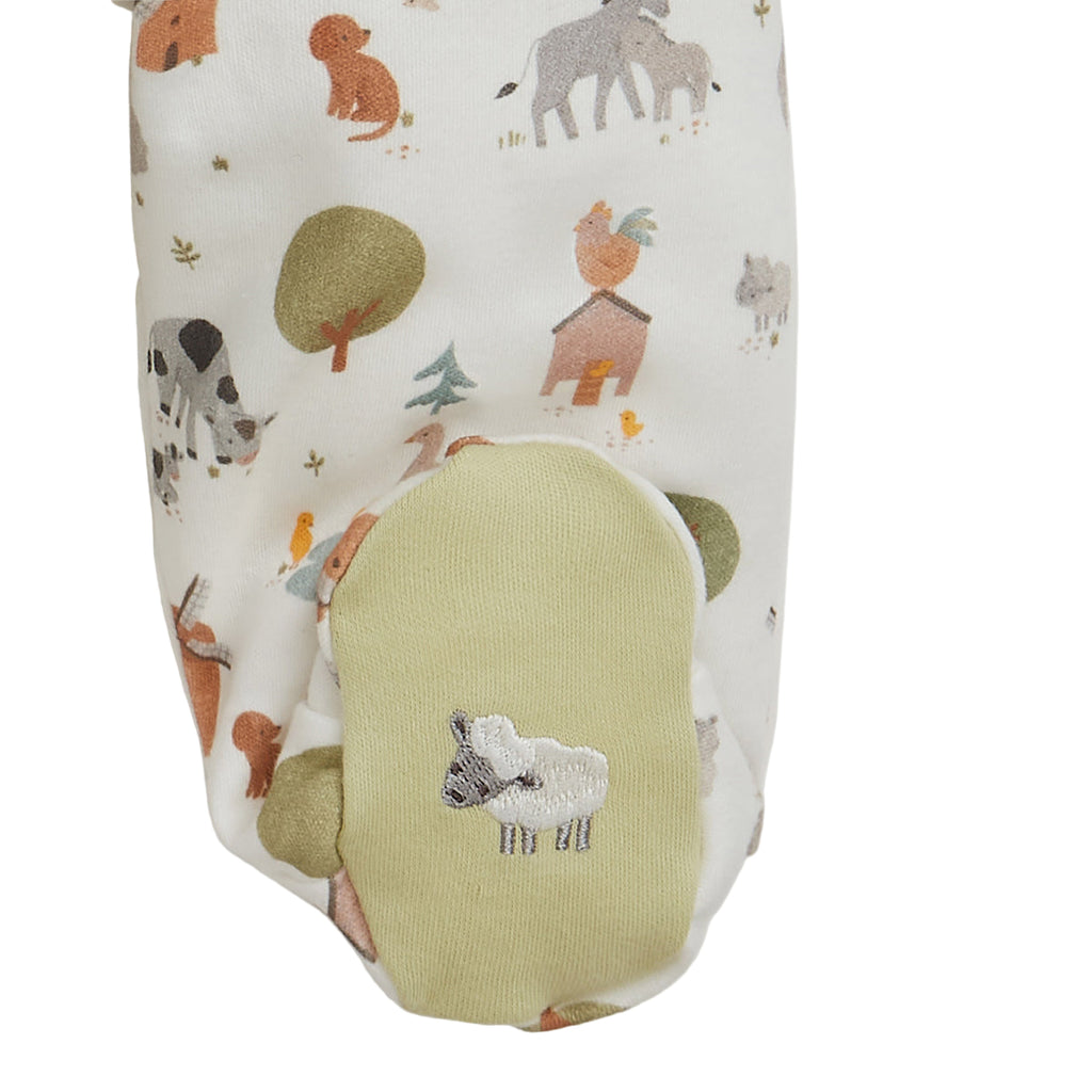 Baby boy footie with a farm print and embroidered sheep on the feet
