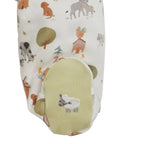 Baby boy footie with a farm print and embroidered sheep on the feet