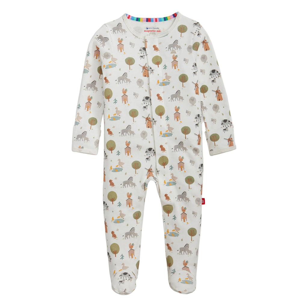 Baby boy magnetic footie with farm print