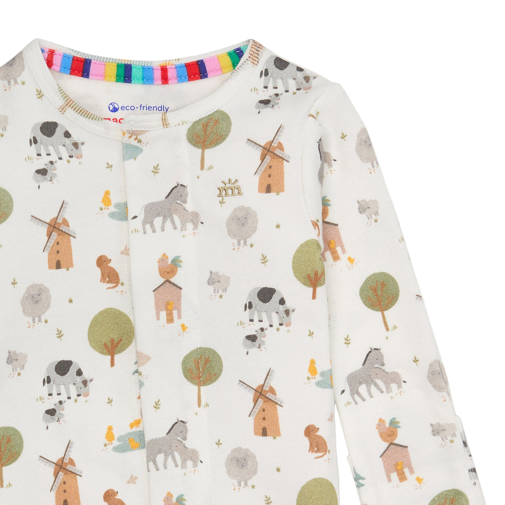 Children's long-sleeve romper with a farm animals pattern