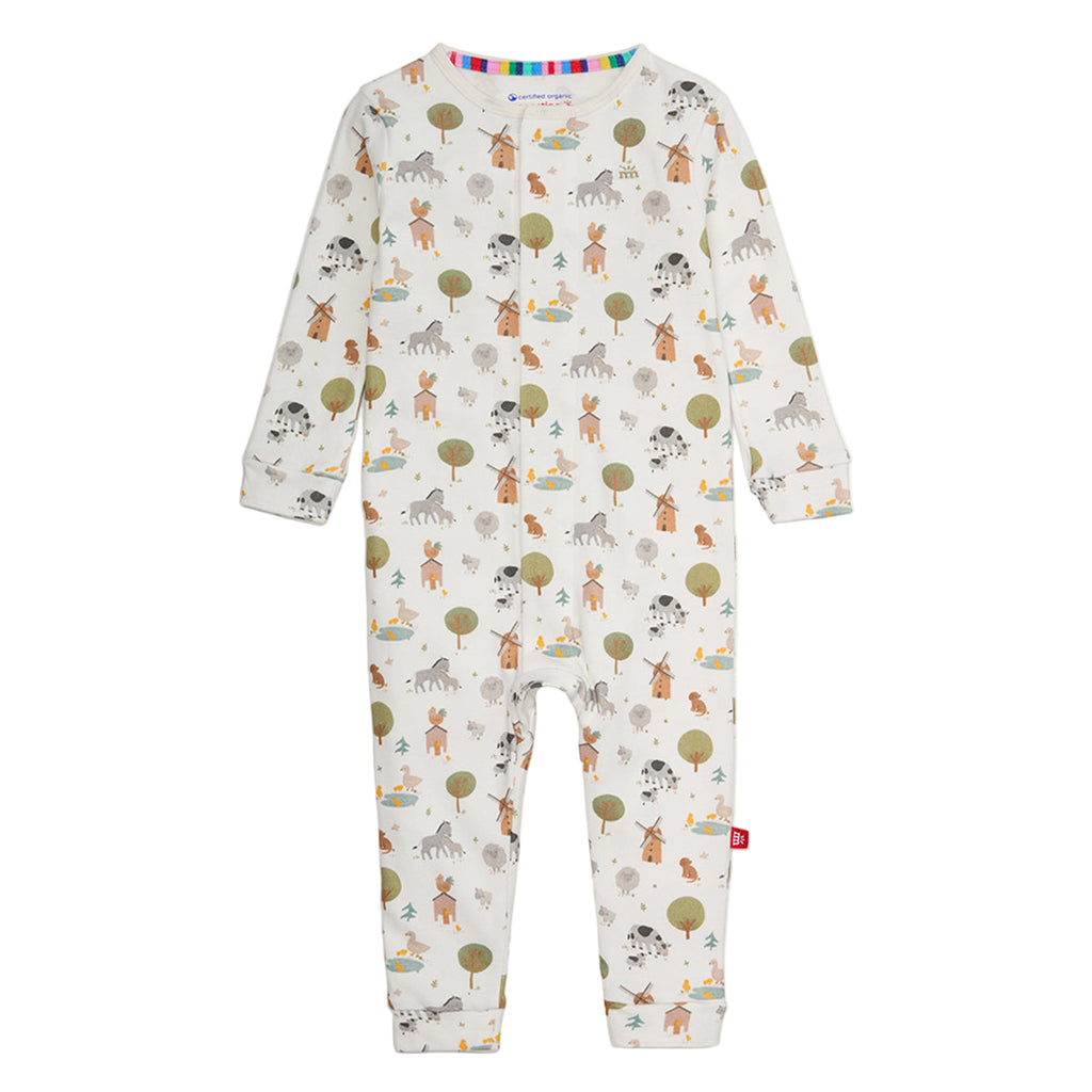 Children's magnetic romper with farm pattern
