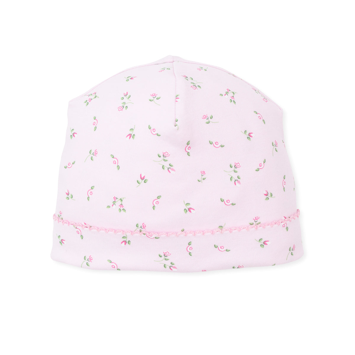 Pink baby hat with rosebud pattern