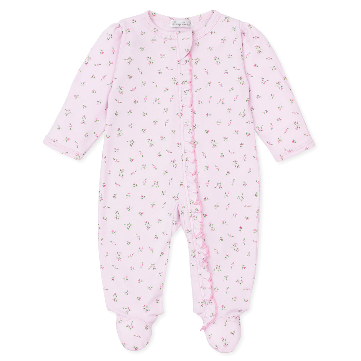 Pink baby footie with a front zipper, ruffle, and tiny rosebud print.