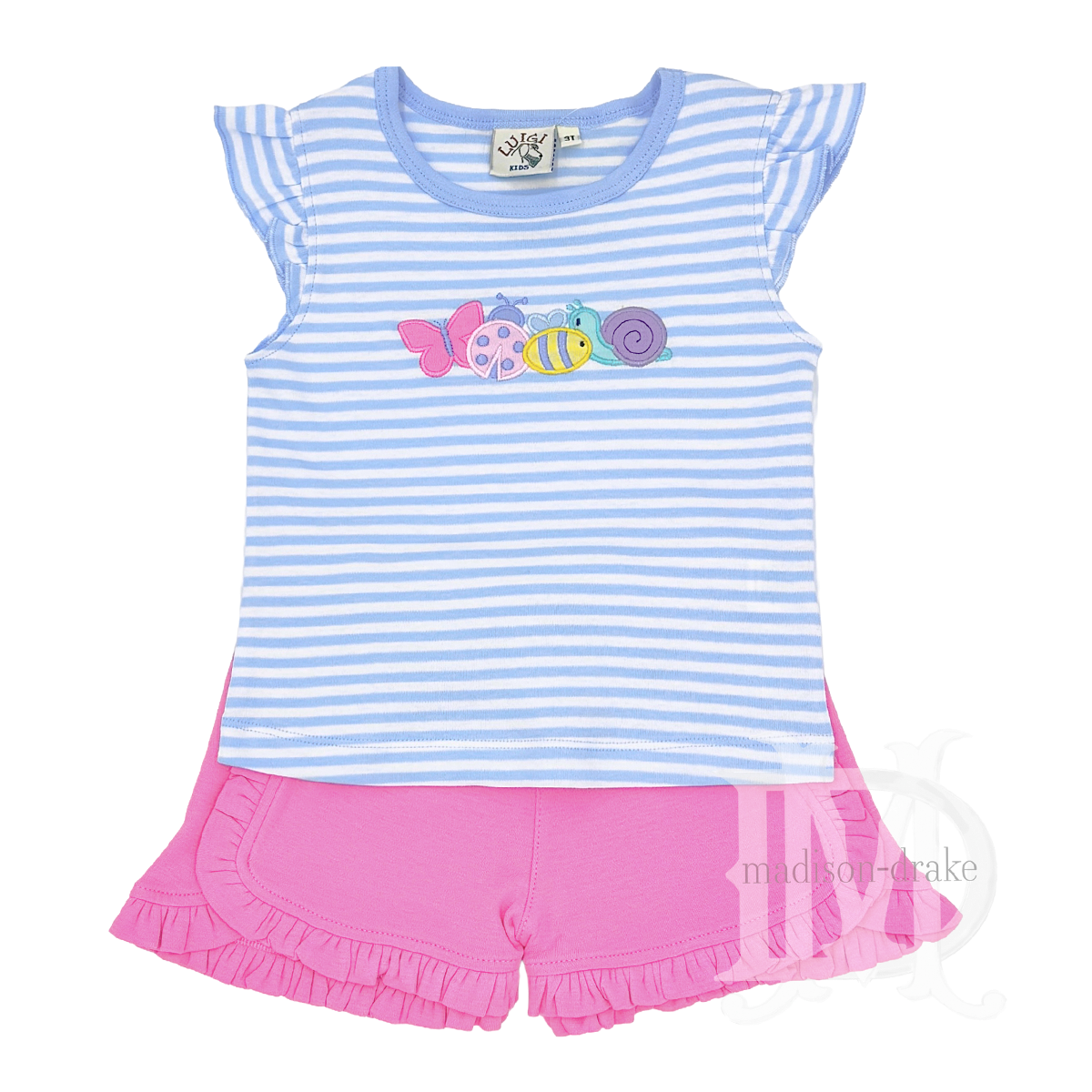 Little girl's pink ruffled shorts and a blue striped flutter sleeve top with appliqued garden insects.