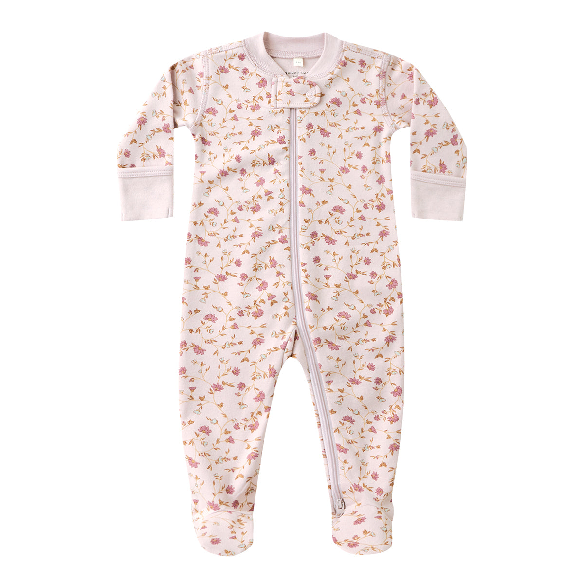 Baby girl's Quincy Mae bamboo footie sleeper with a vintage rose pink print and zipper front.