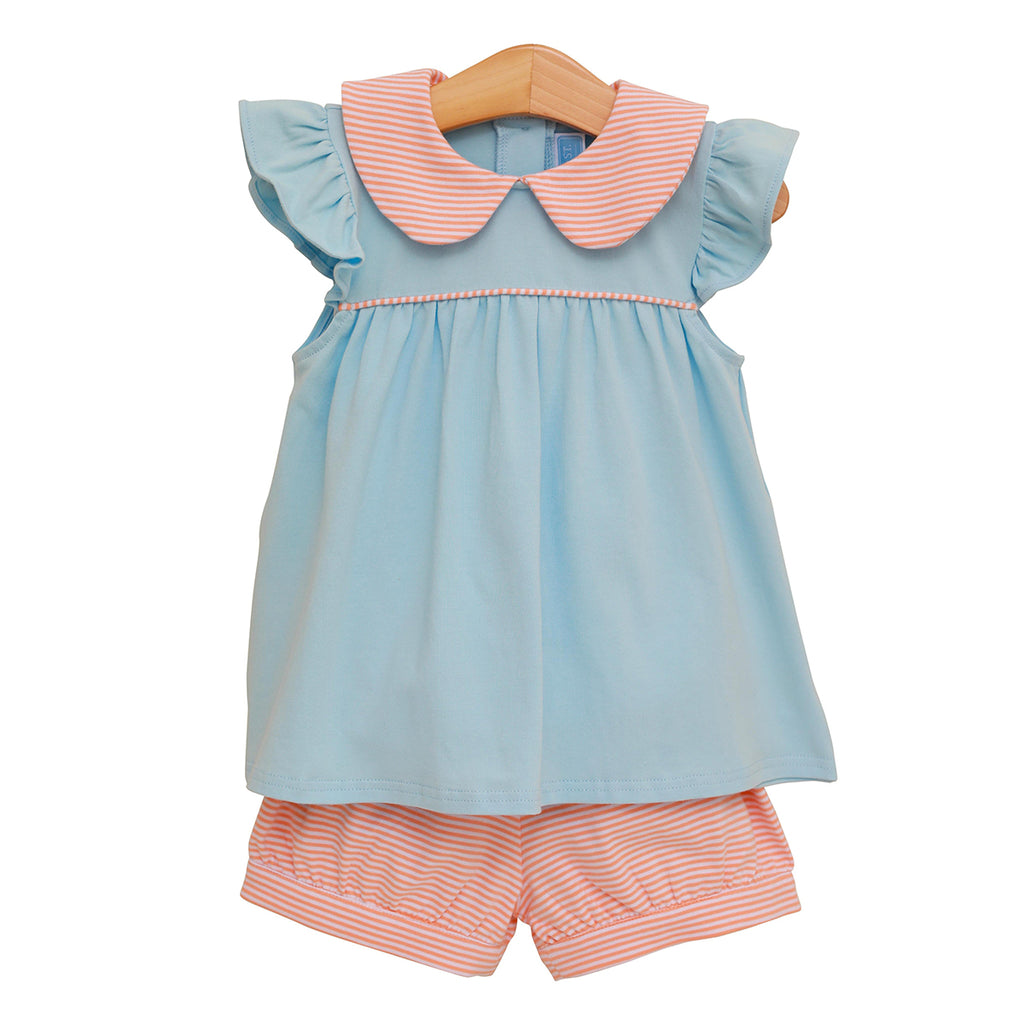 Toddler girl blue knit top with coral stripe shorts set
