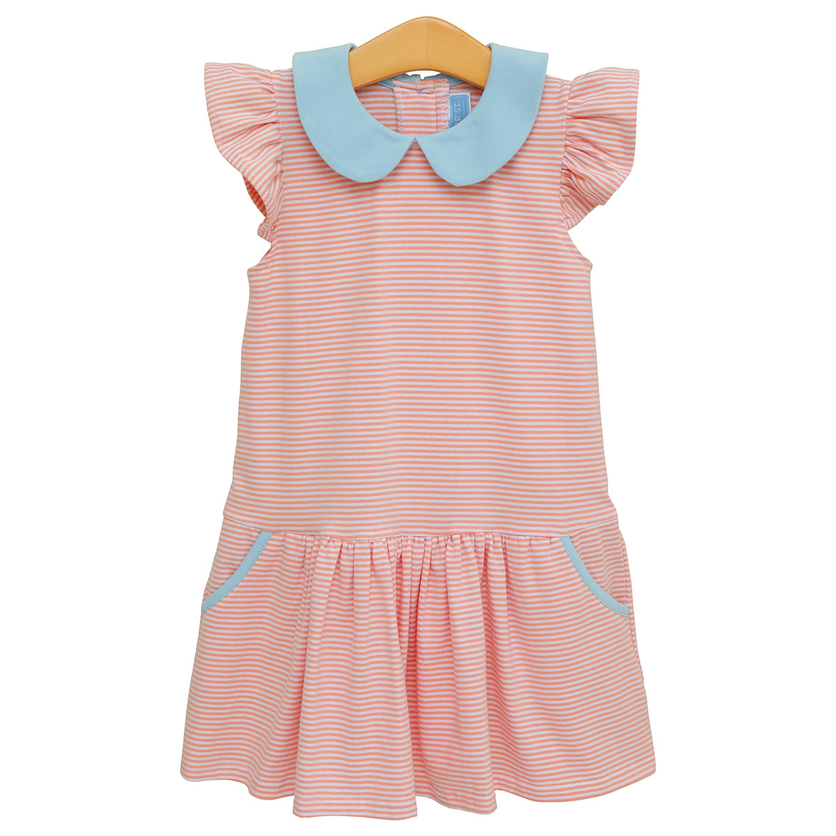 Toddler girl coral striped knit dress with blue collar