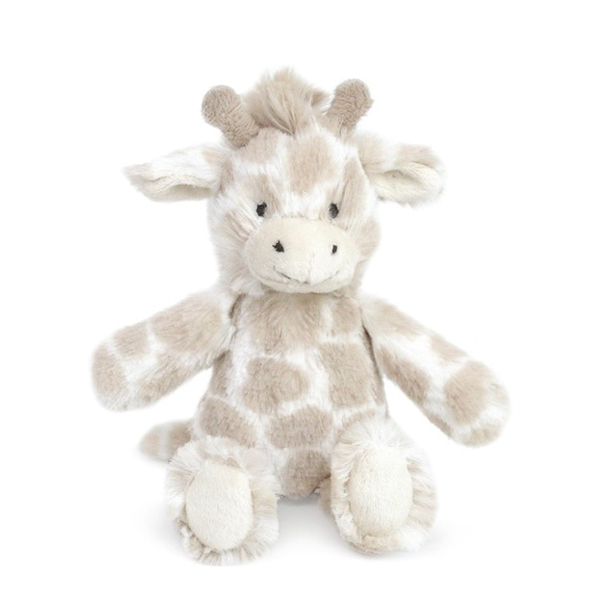 Plush giraffe baby rattle with a soft brown and white pattern.