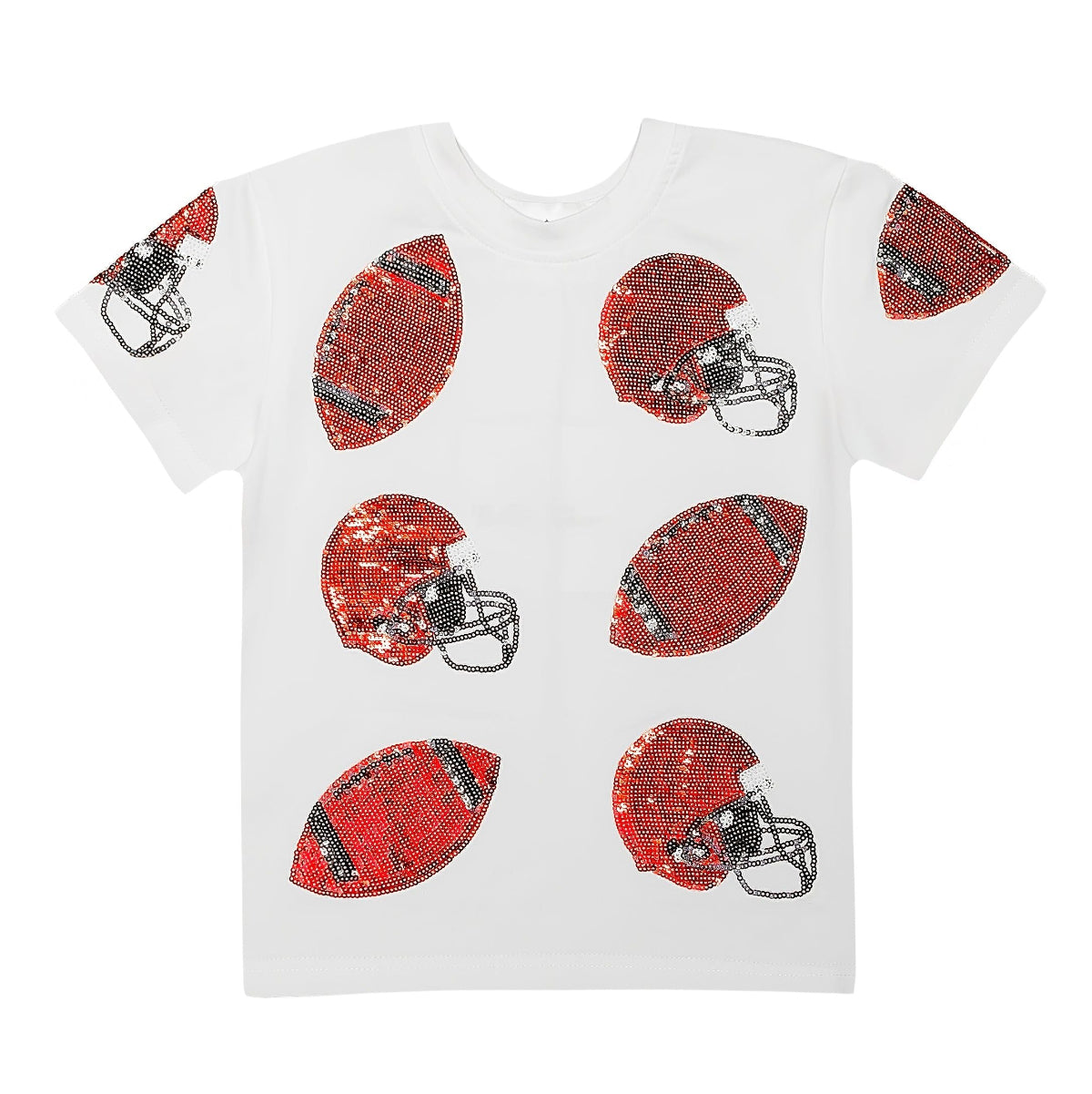 Girls white short sleeve shirt with red and black sequin footballs and helmets
