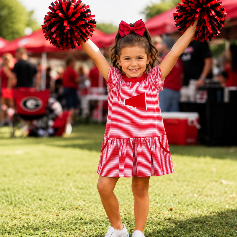 A little girl at a UGA tailgate party wearing a red and white striped sleeveless dress with a red megaphone, a red and black bow in her hair, and holding red and black pom-poms.
