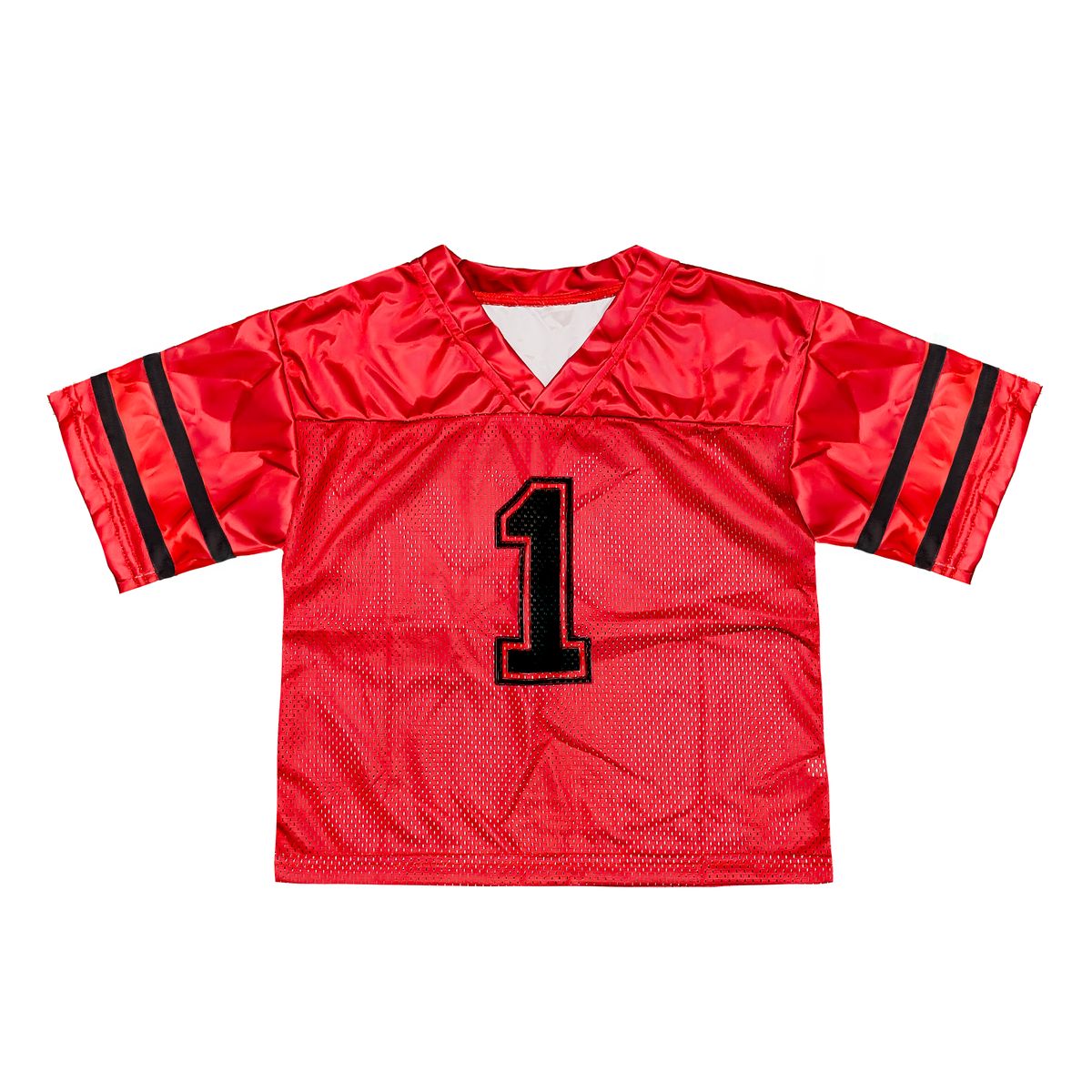 Boys red football jersey with black number one and striped sleeves