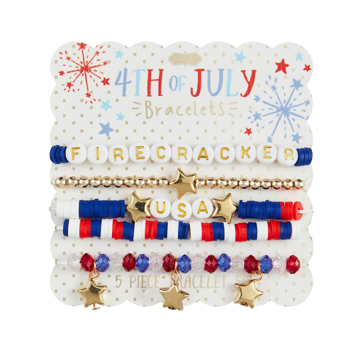 Set of five red, white and blue patriotic themed bracelets on a decorative card with fireworks, USA and '4th of July Bracelets' text.