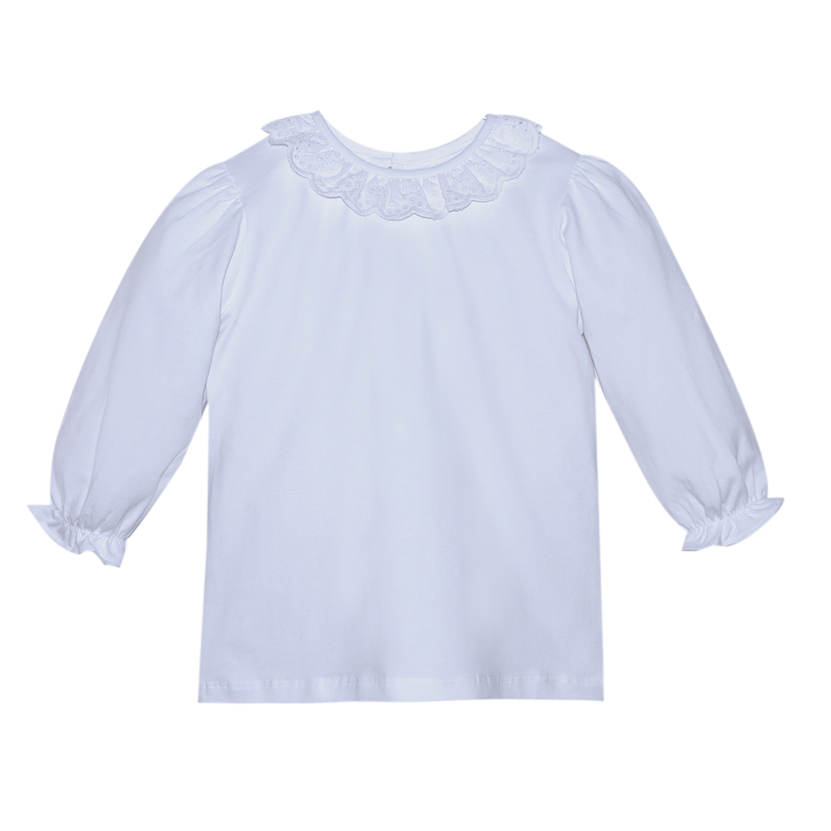 A white long-sleeve  blouse for toddler girls featuring a ruffled eyelet lace collar.