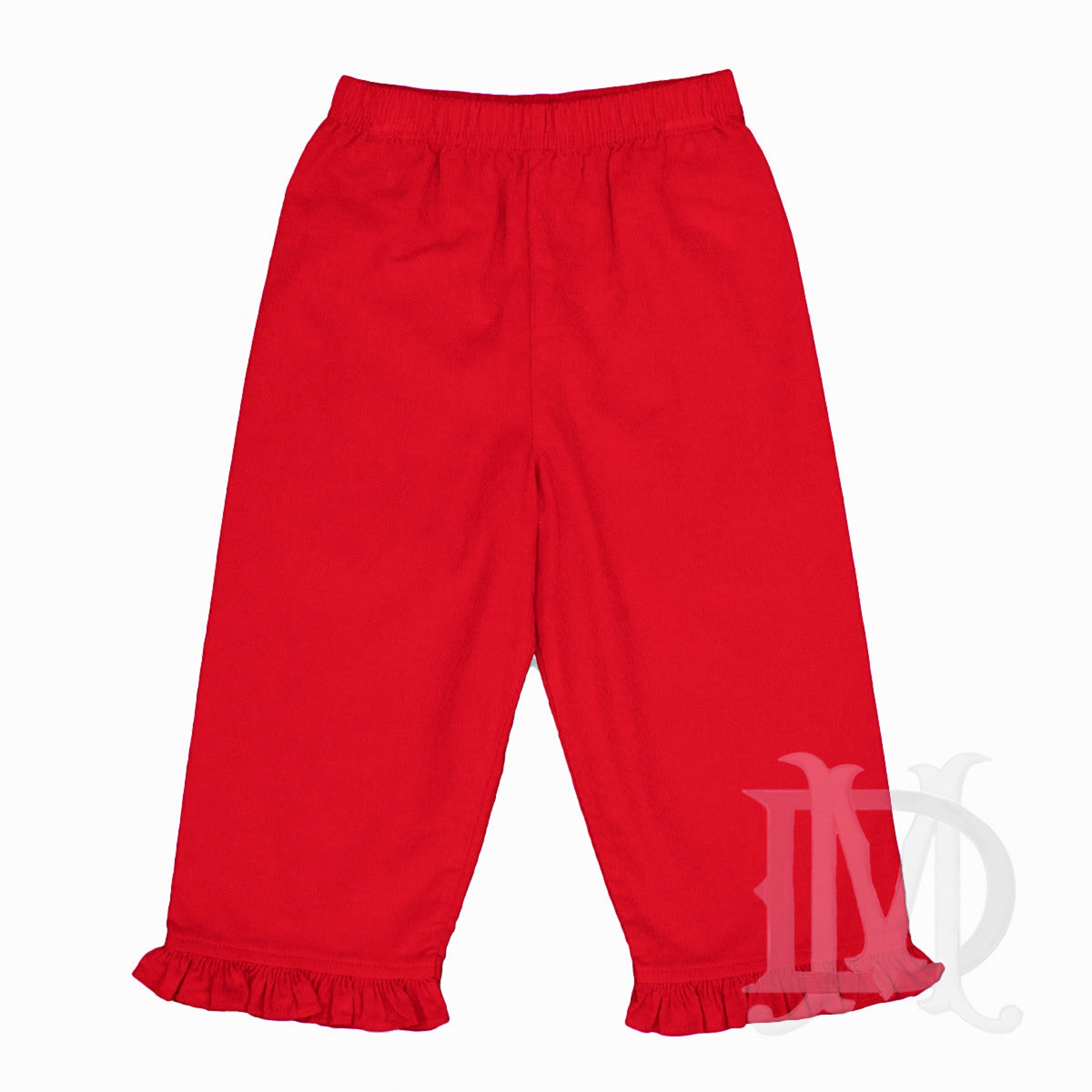 Red corduroy pants with ruffles and elastic waistband