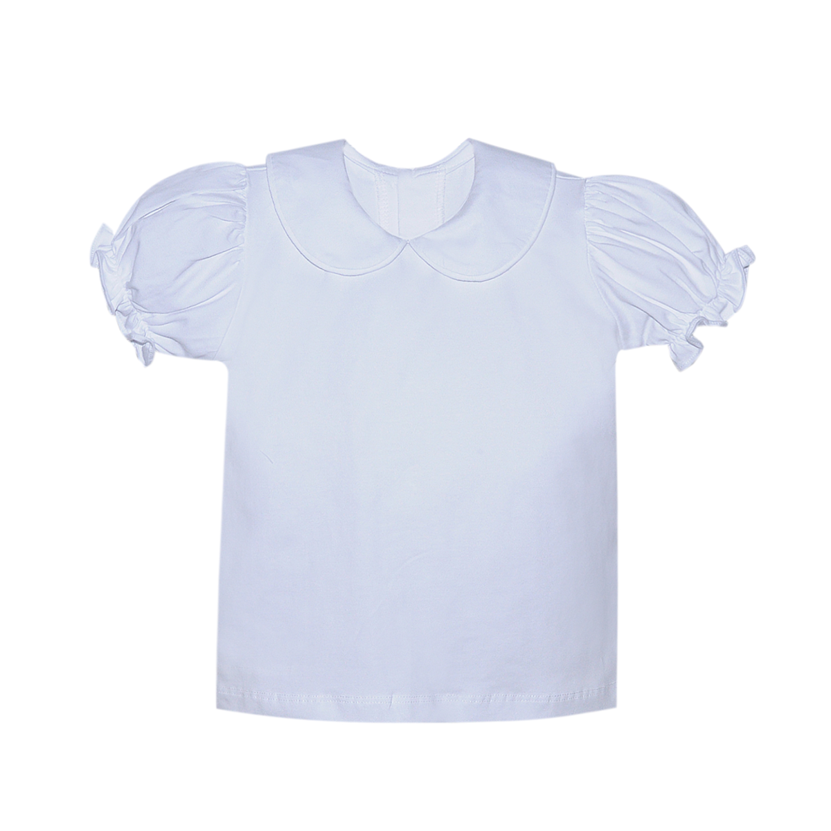 A white short-sleeve little girl knit top with a Peter Pan collar and puff sleeves..
