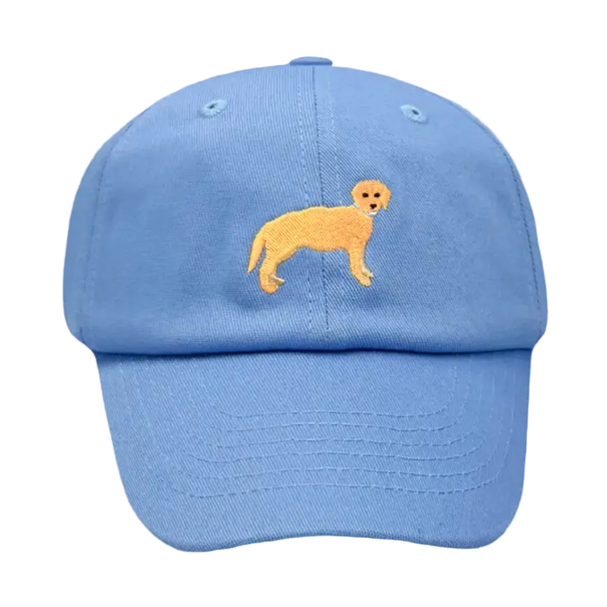 Blue ball cap with an embroidered golden retriever dog design.