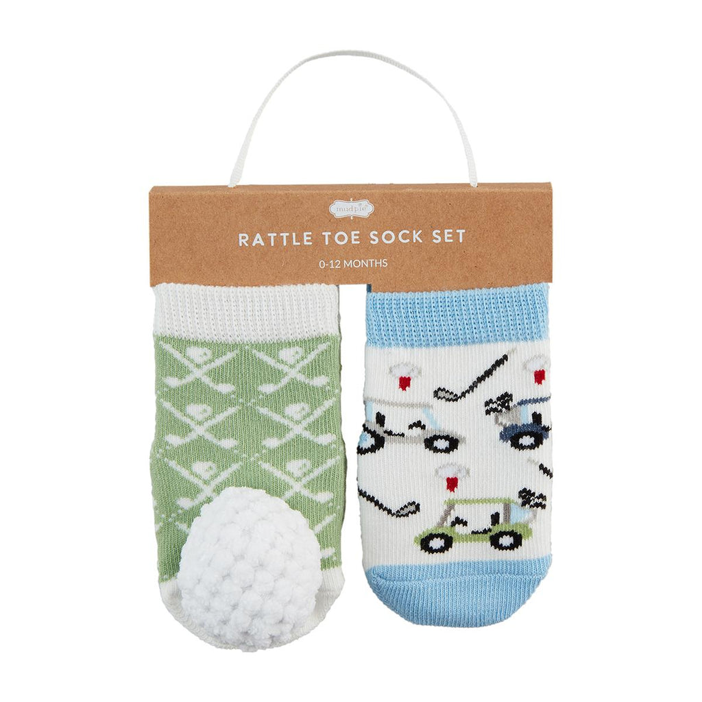 Golf theme baby socks with golf ball rattle on toes and golf carts