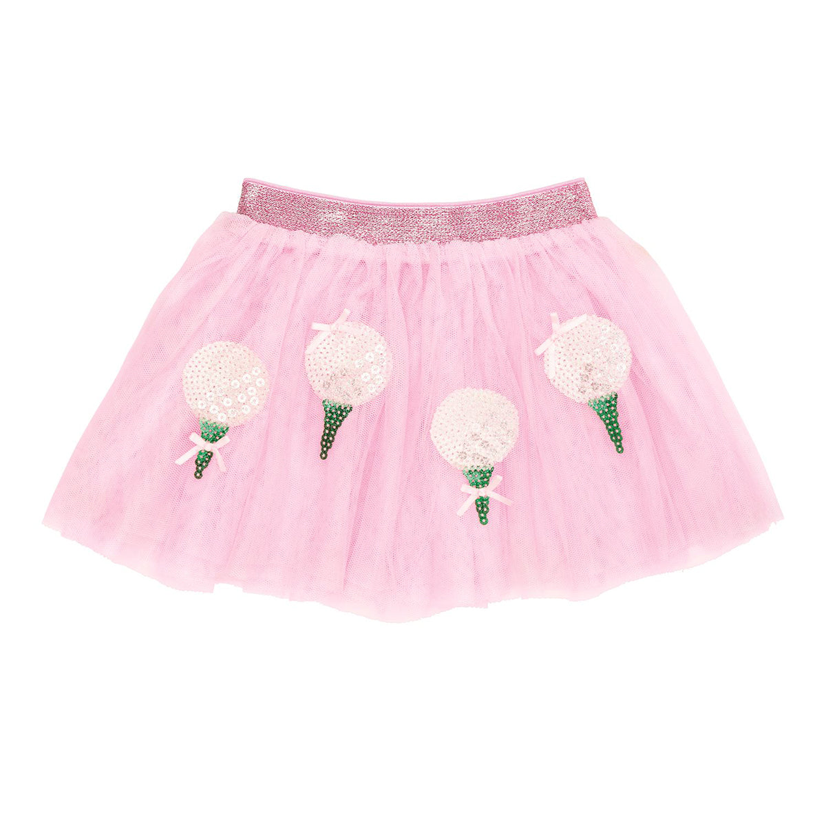 Pink tutu skirt with sequin golf balls on tees.