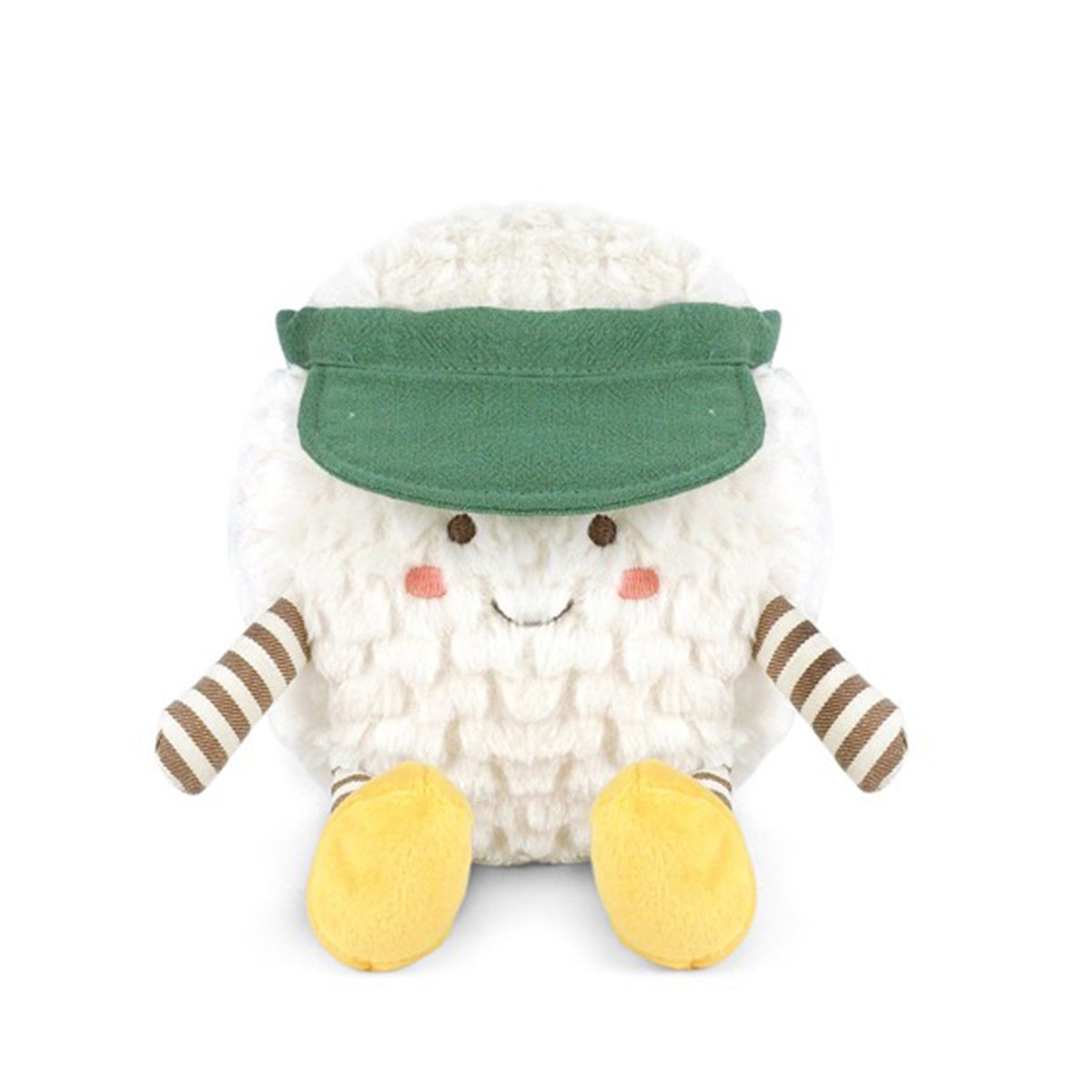 Plush golf ball stuffed toy with a green visor, white dimpled body, brown striped arms, and yellow shoes.