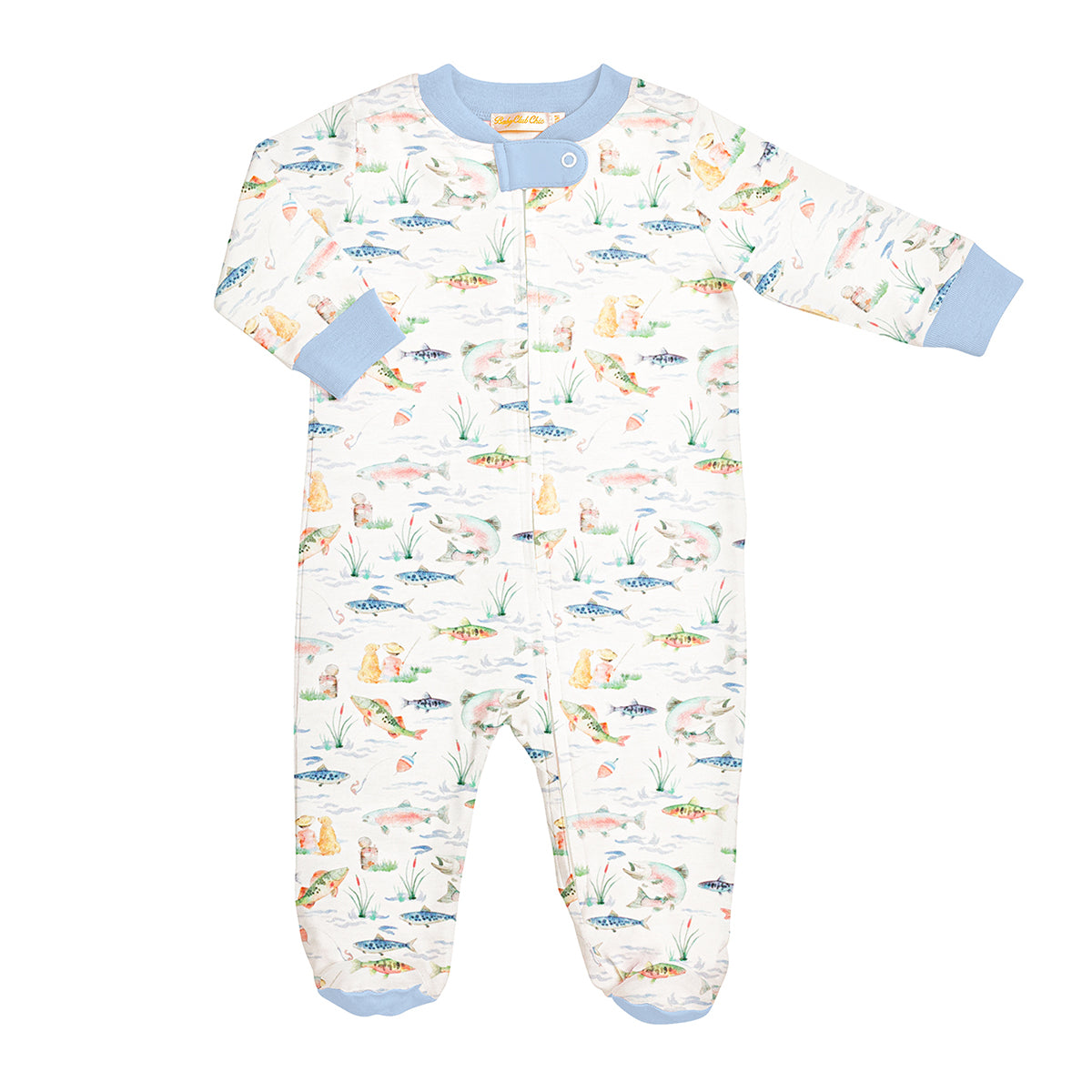Baby boy fishing print pima zipper front footie sleeper with blue trim.