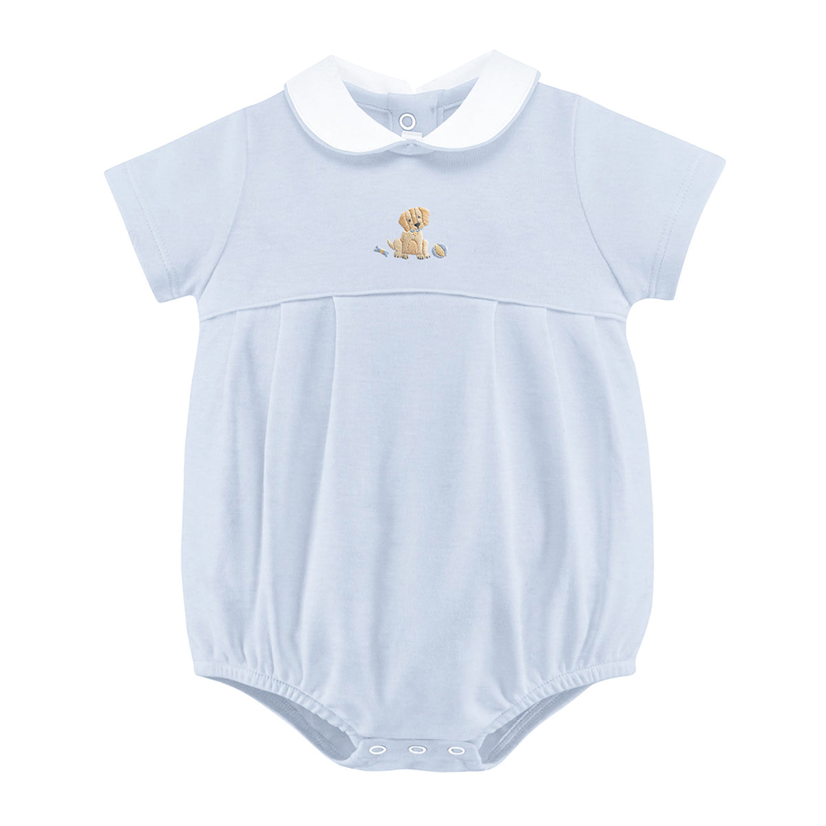 Light blue baby boy bubble with white collar and embroidered puppy dog design.