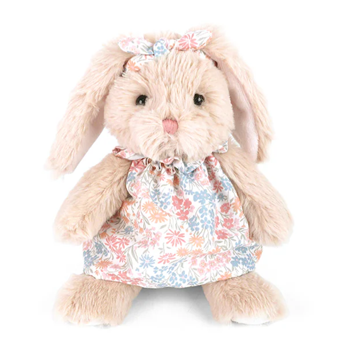 Plush bunny rabbit toy wearing a floral dress and matching headband.