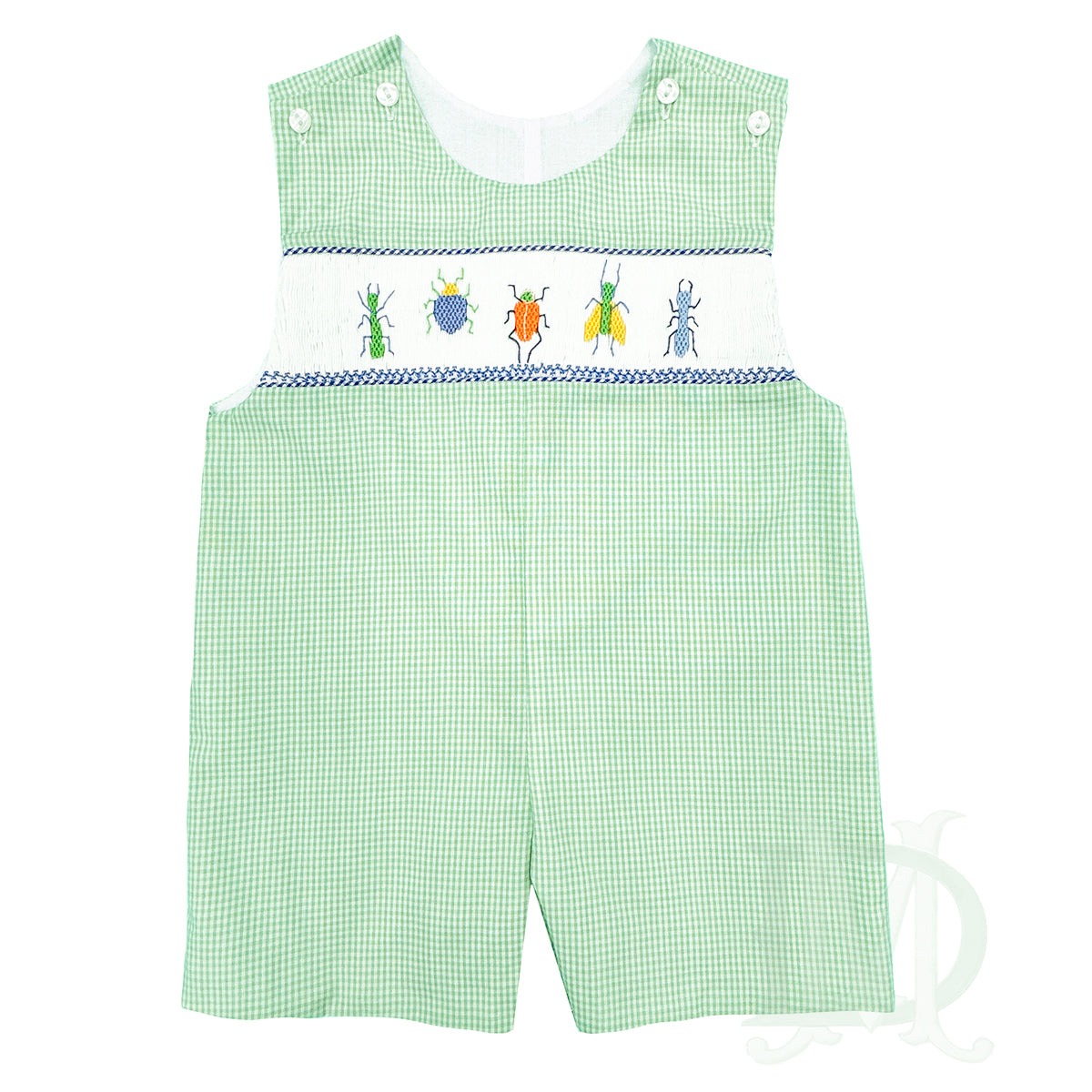 Green checkered boy's smocked jon-jon romper with embroidered insects.