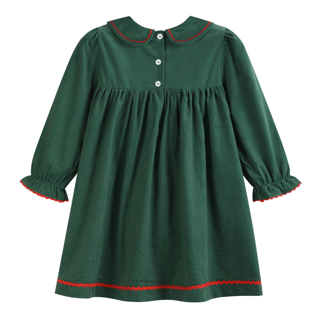 A dark green long-sleeve baby dress with a Peter Pan collar, three white buttons, and red wavy trim details along the collar, cuffs, and hem.