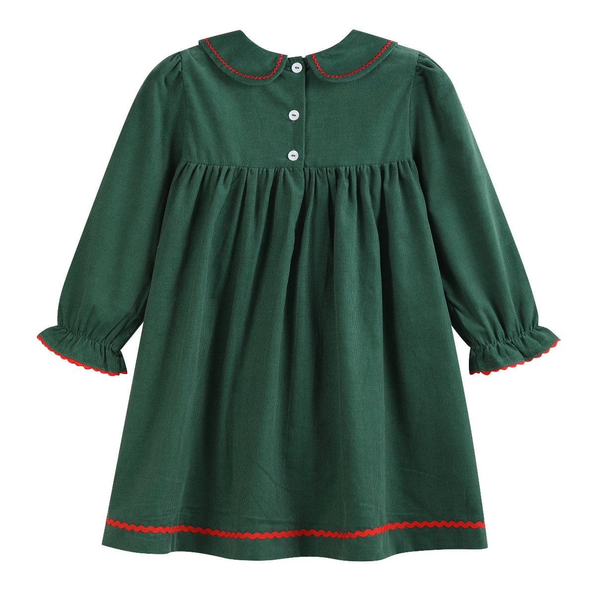 A dark green long-sleeve baby dress with a Peter Pan collar, three white buttons, and red wavy trim details along the collar, cuffs, and hem.