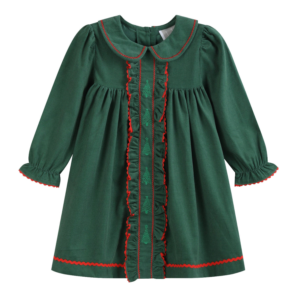 A dark green long-sleeve dress with red trim and embroidered green Christmas tree motifs down the center front, displayed on a clean white background.