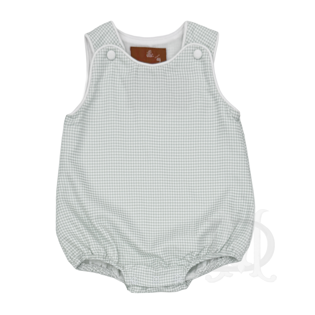 Soft pastel green check baby boy sun bubble with white piping and covered buttons.