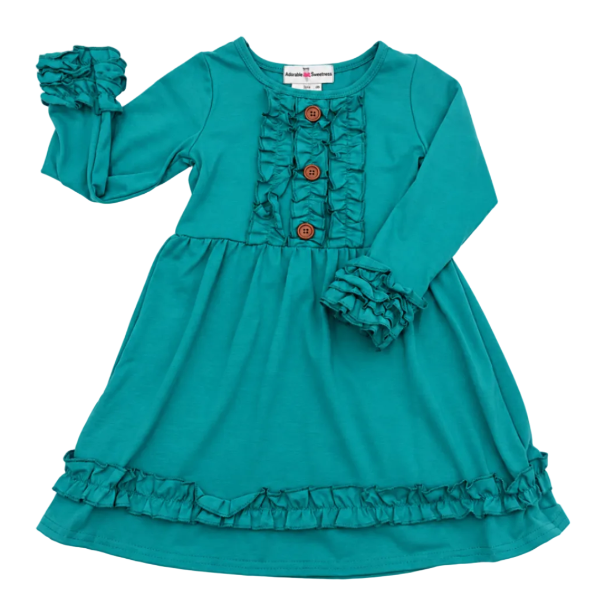 Girls Long Sleeve Teal Ruffle Dress